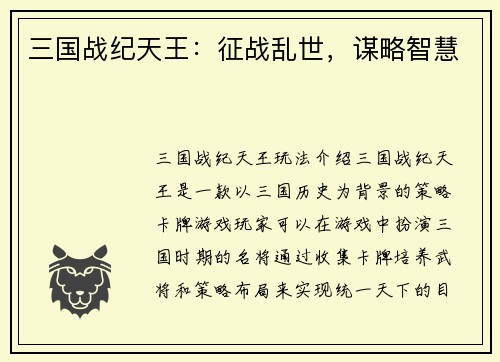 三国战纪天王：征战乱世，谋略智慧